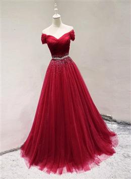 Picture of Pretty Dark Red Color Tulle Off Shoulder Long Formal Dresses, Beaded Party Dresses